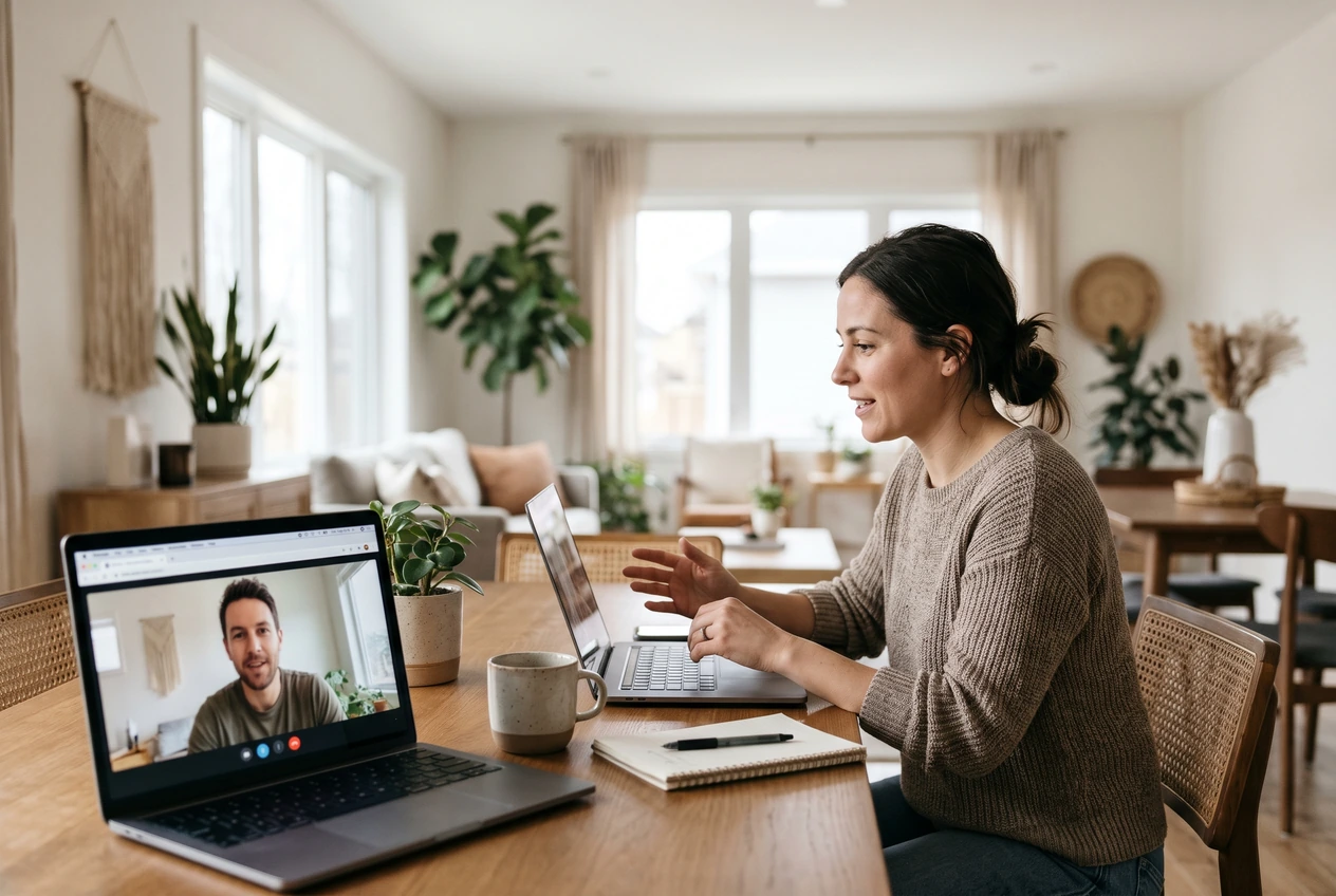 Two adults checking camera and microphone controls before a live video call