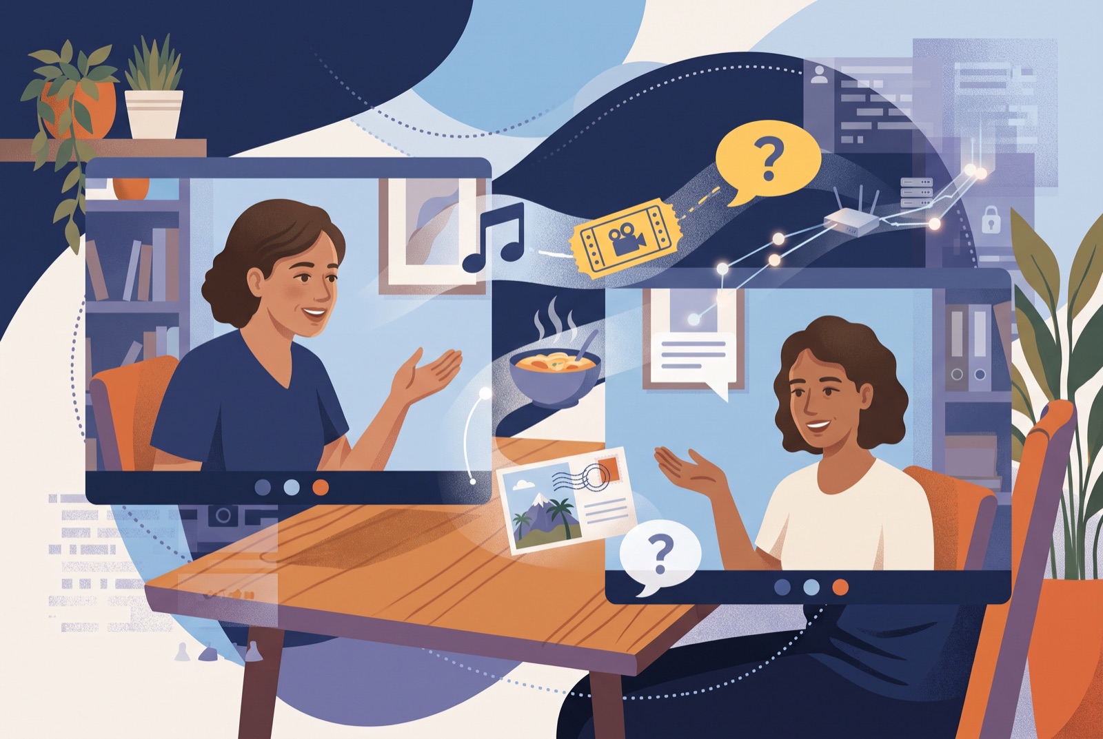 Two adults using friendly prompts to start an online conversation
