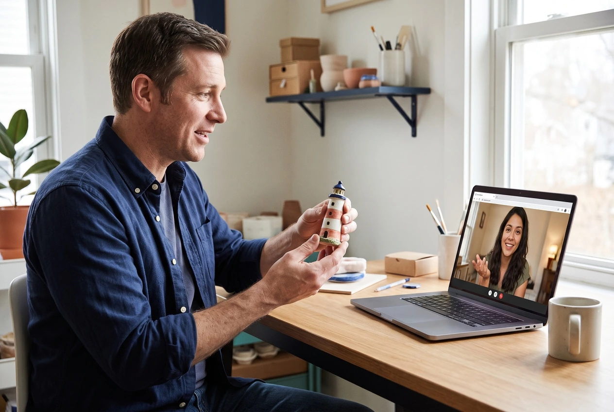 Two adults using friendly prompts to start an online conversation
