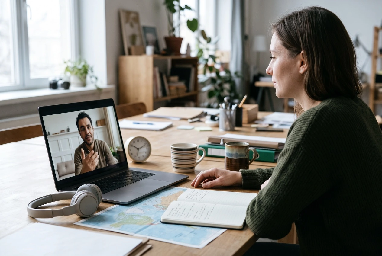 Adults having a thoughtful cross-cultural conversation over video chat