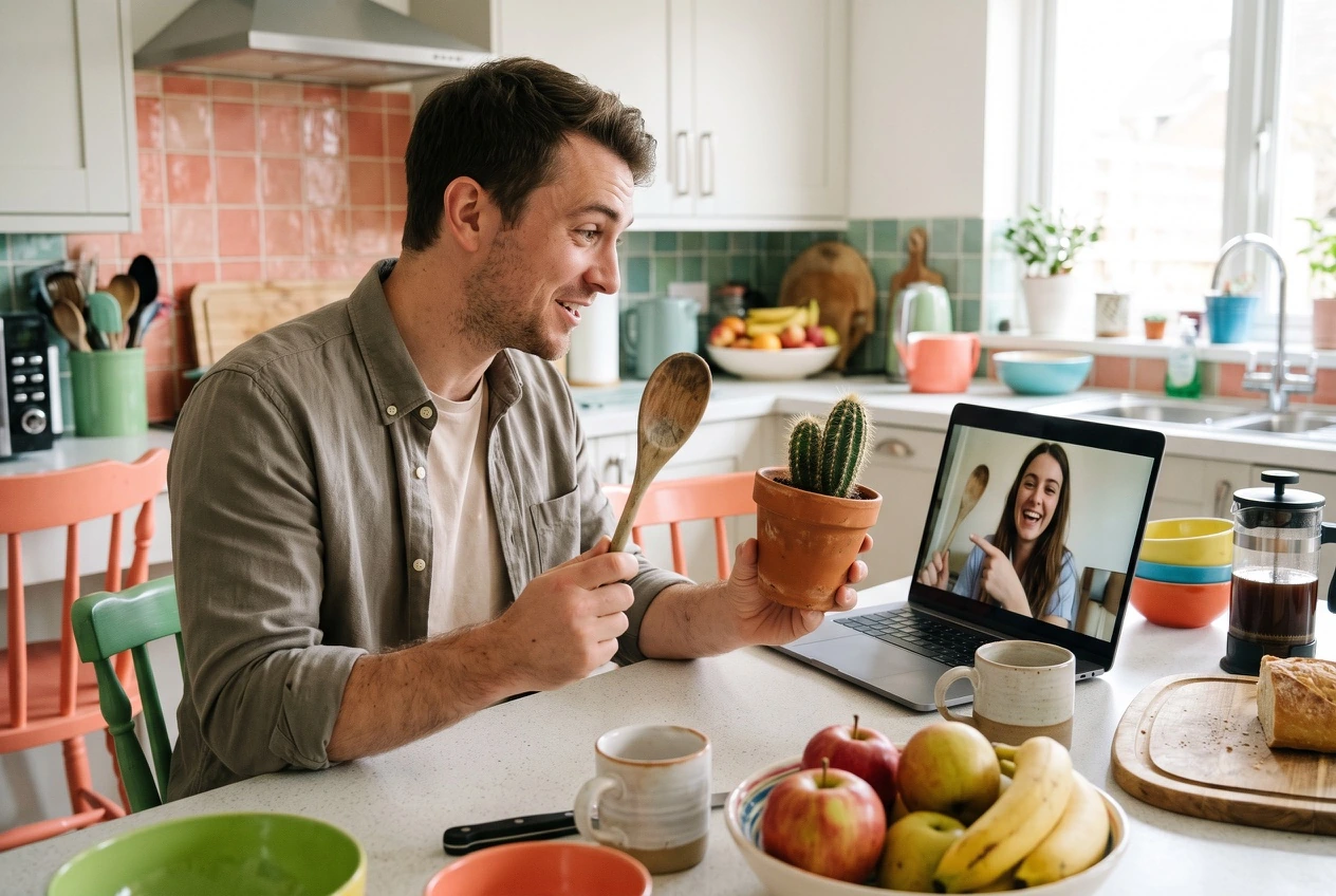 Two adults smiling and sharing playful conversation prompts on a video call