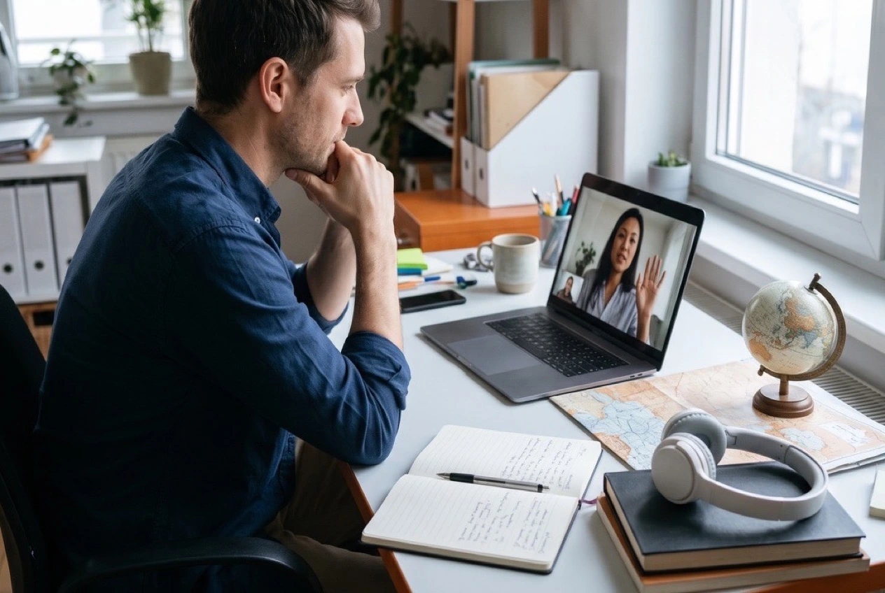 Two adults starting a random video chat from bright home workspaces