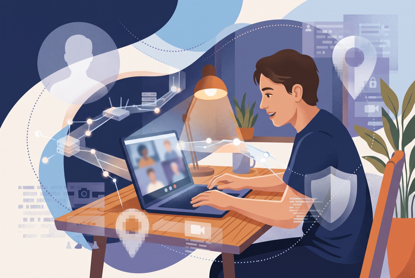 Adult in a video chat surrounded by layered privacy and identity symbols