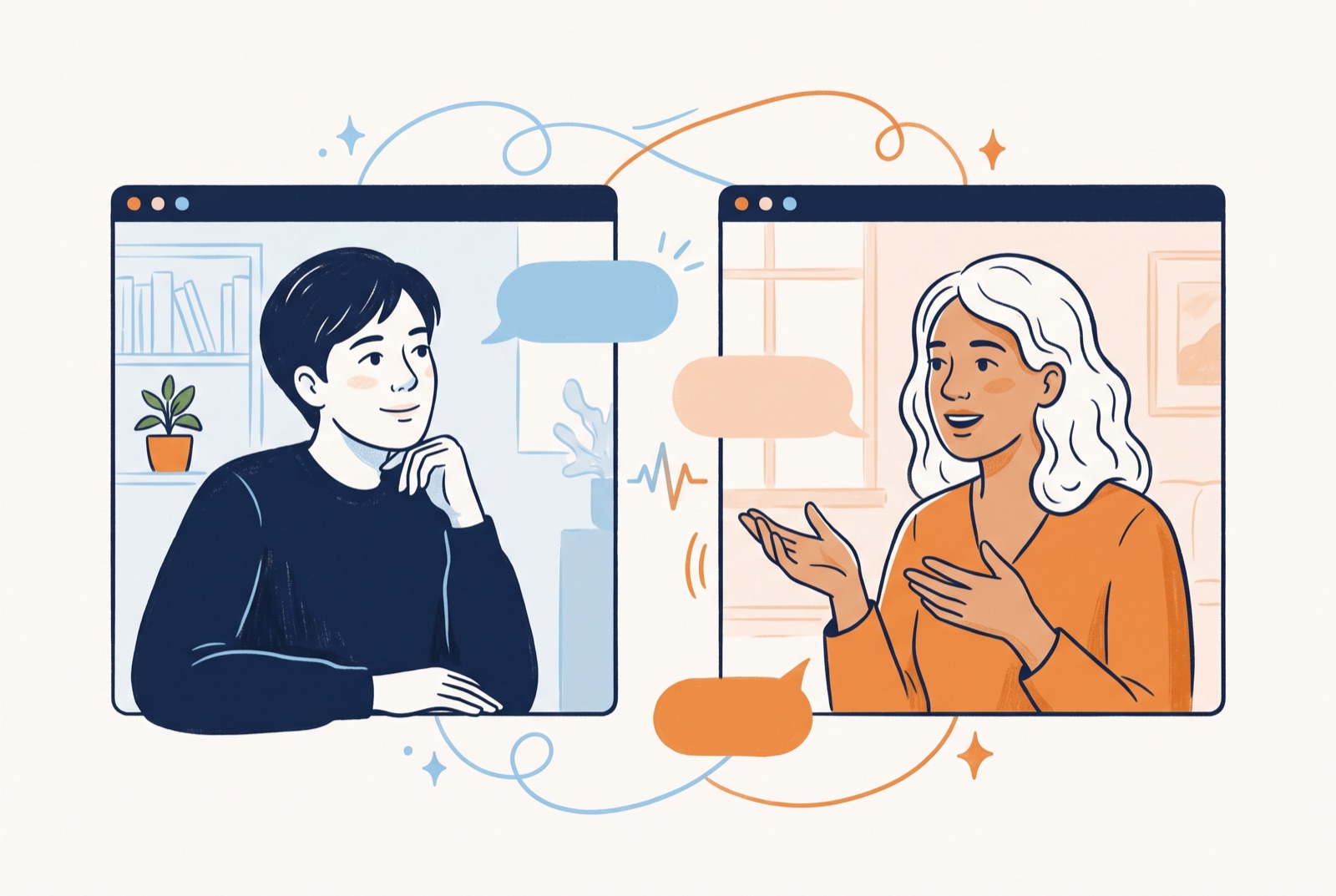 Two adults listening to each other in a balanced online video conversation