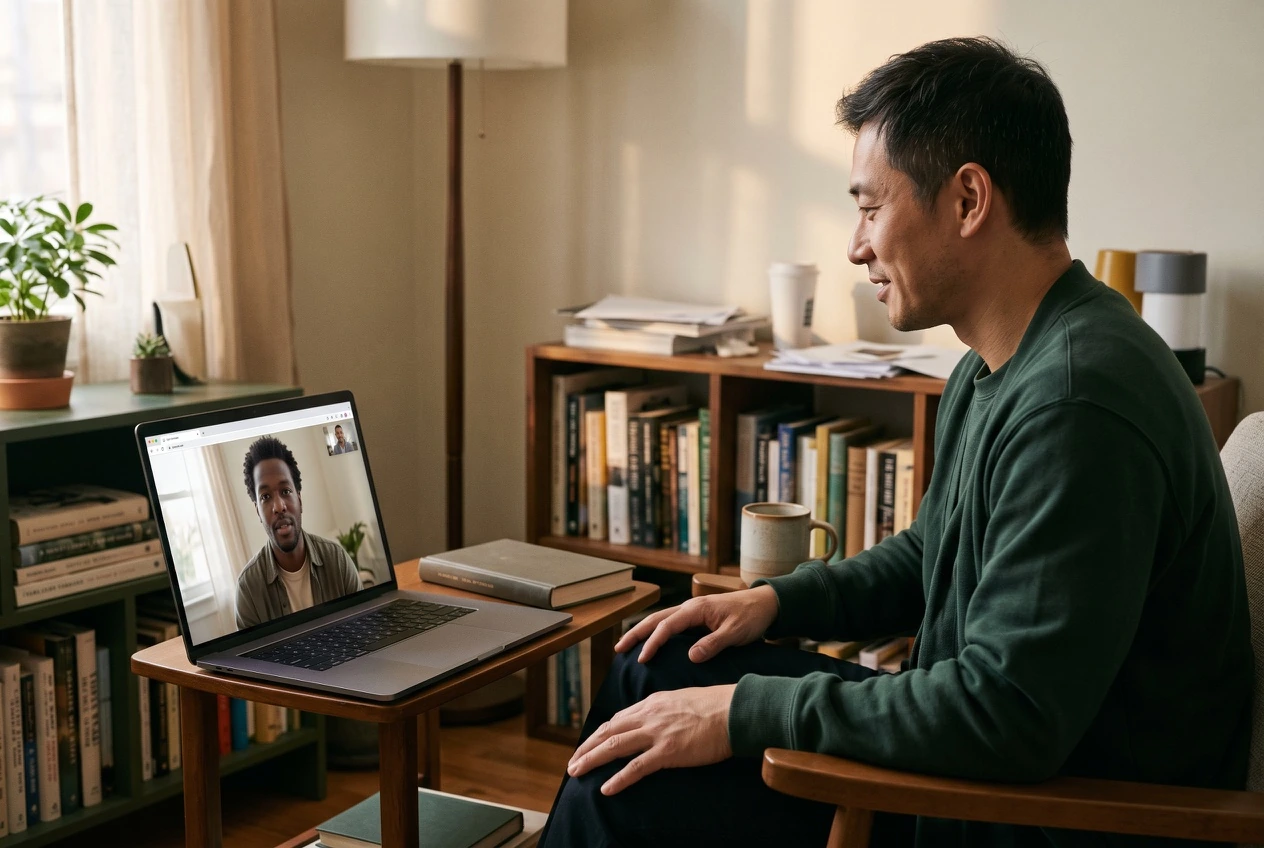 Two adults listening to each other in a balanced online video conversation