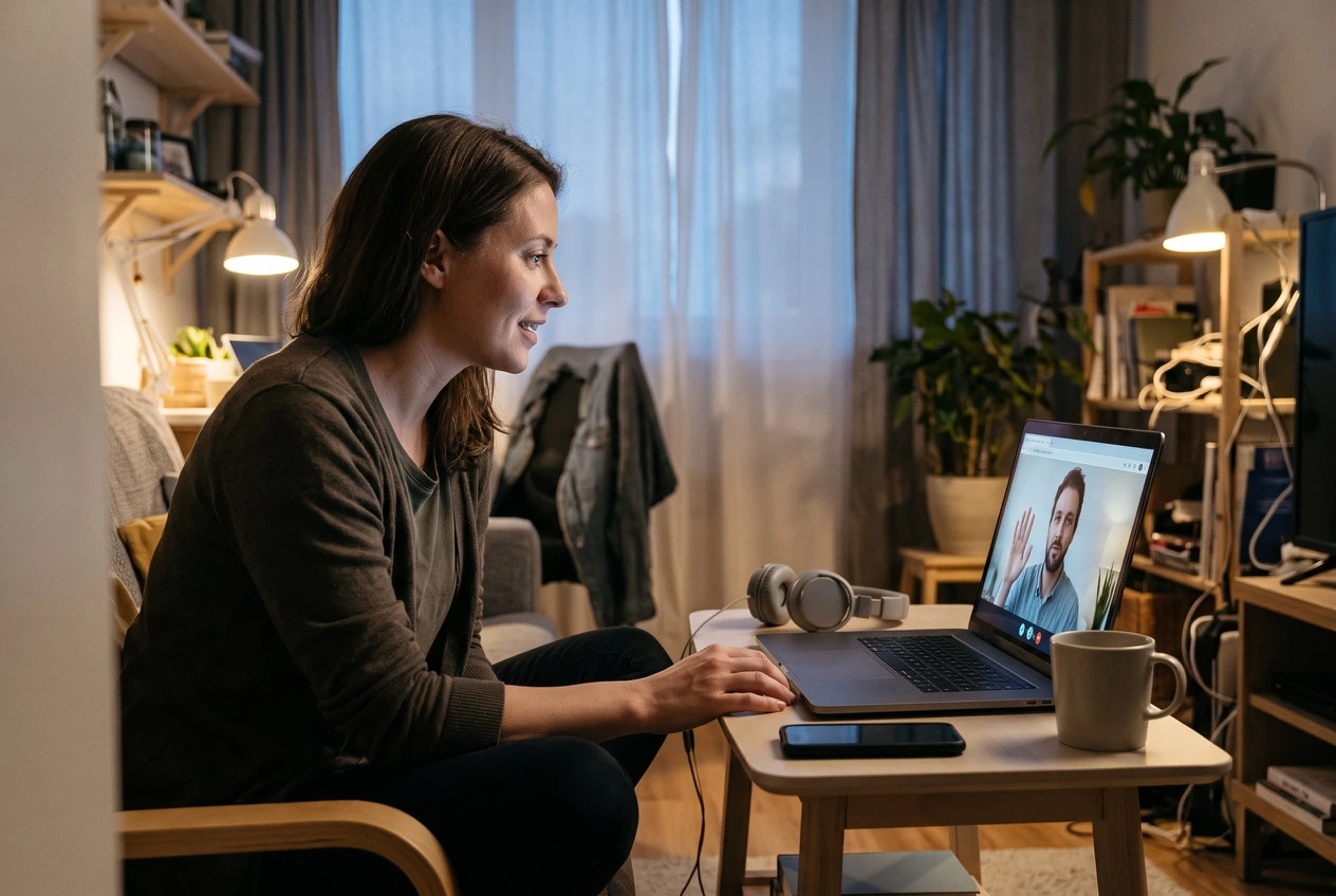 Two adults preparing to begin a live browser video chat