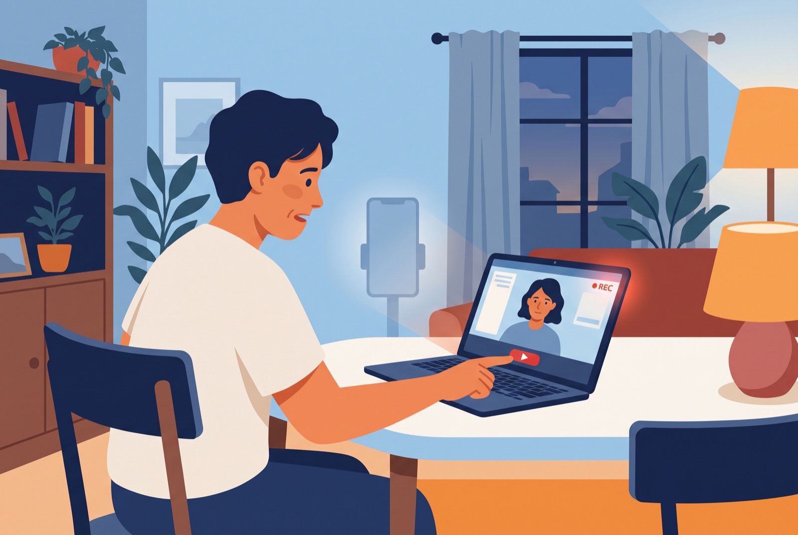 Adult noticing a possible recording risk during an online video chat